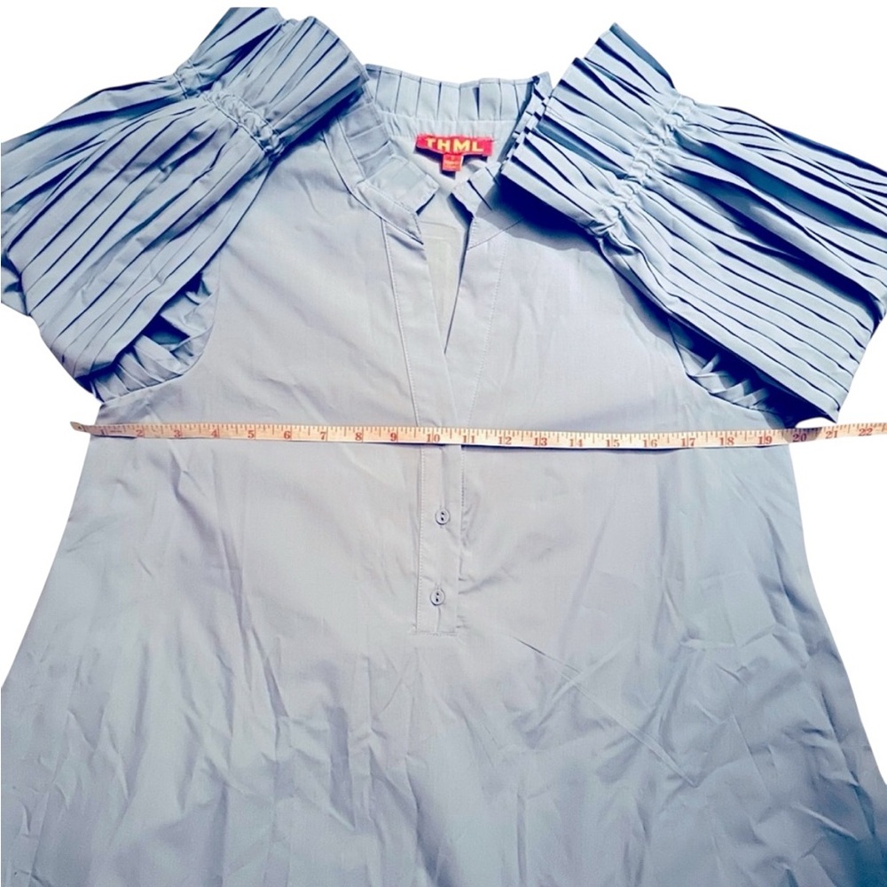 THML Mini Swing Dress Small Icy Baby Blue Poplin Pleated 3/4 Sleeve A Line NWOT - Picture 10 of 15
